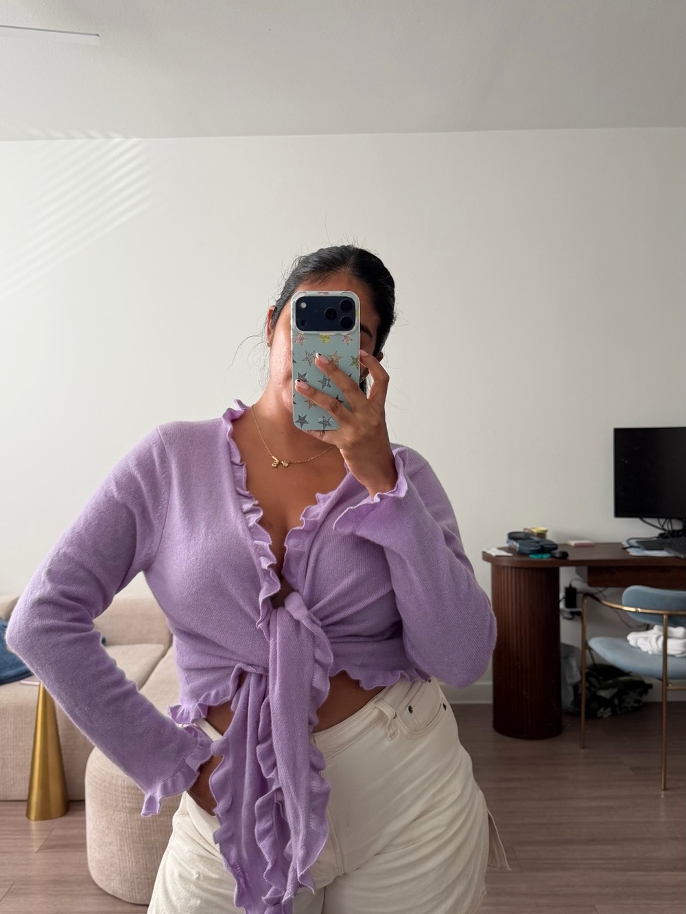 Investments Lavender Ruffle Tie-Front Knit Top